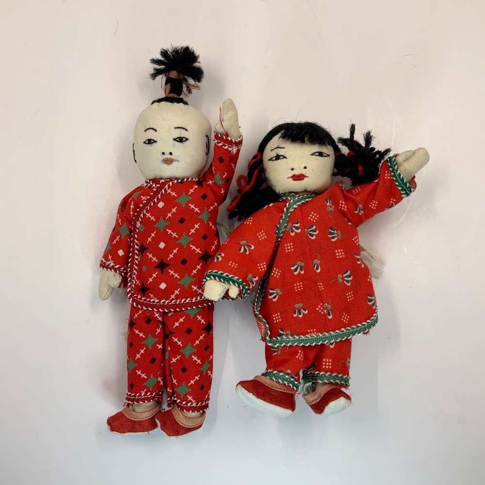 Vintage Chinese Folk Art Cloth Dolls Pair Handmade‎ Red Traditional Dress 7 inch